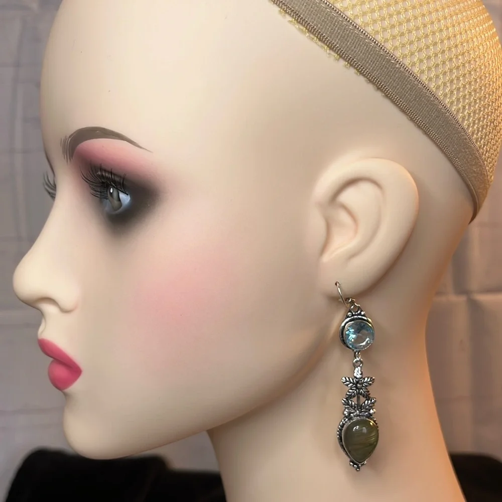 NWT BLUE TOPAZ , LABRADORITE 925 STERLING SILVER DROP FLOWER EARRINGS 2.2” - Picture 3 of 9